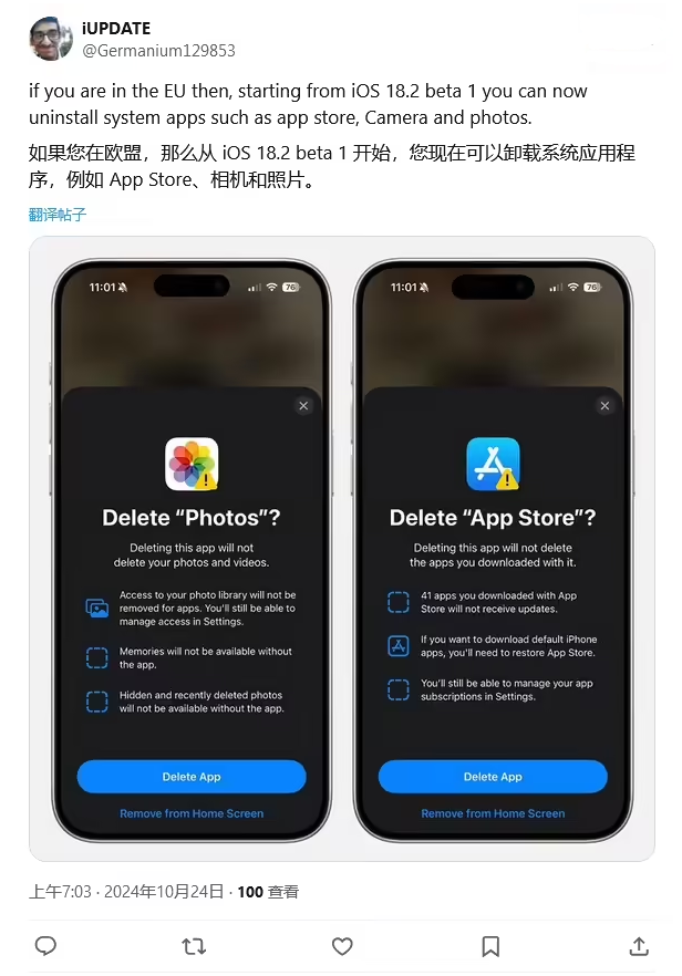 慈利苹果手机维修分享iOS 18.2 支持删除 App Store 应用商店 