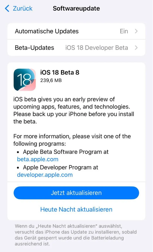 慈利苹果手机维修分享苹果 iOS / iPadOS 18 开发者预览版 Beta 8 发布 